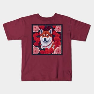 Dogs, akita inu and flowers, dog, style vector (red version akita-inu, hachi) Kids T-Shirt